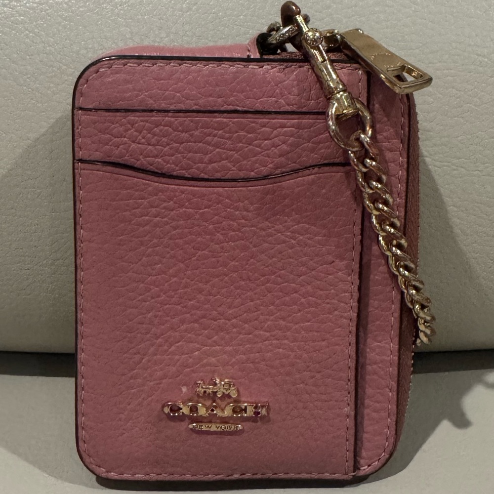 Coach Dusty Rose Leather Zip Card Case Wallet with Chain